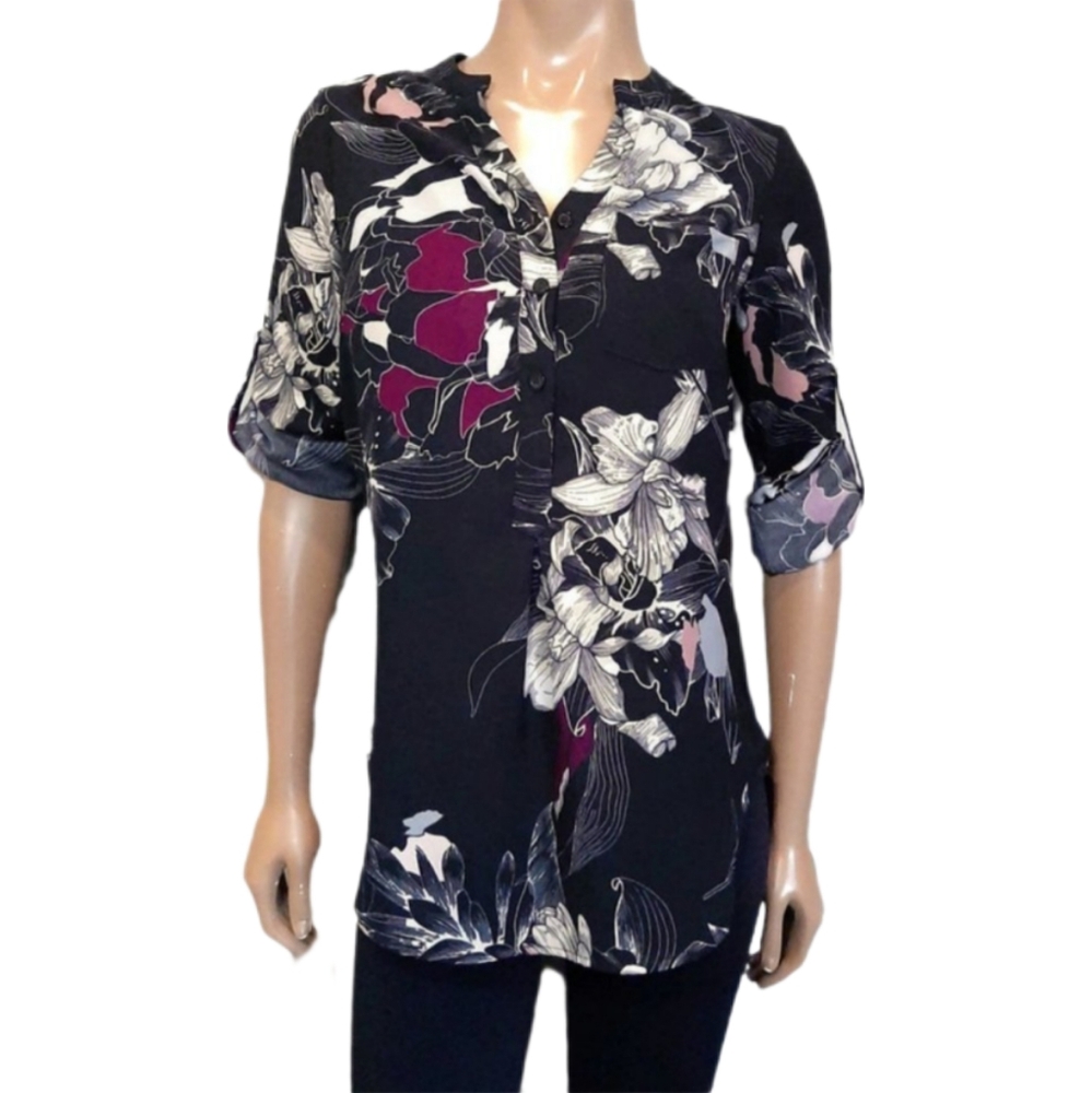 Cleo Petites Roll Tab Sleeve Henley Floral Top Womens Size XSP Black Tunic